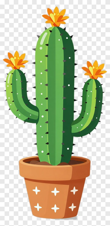 Cartoon Cactus In A Pot With Flowers PNG