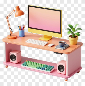 Colorful Desk Setup With Computer And Accessories PNG