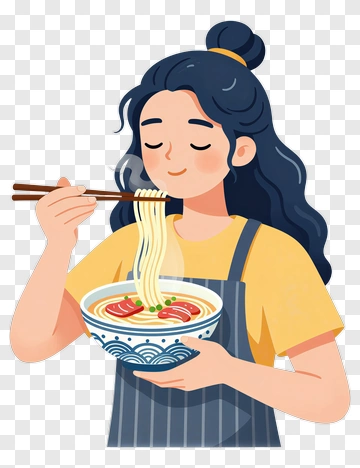 Woman Enjoying A Bowl Of Noodles PNG