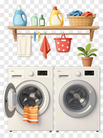 Washing Machine With Laundry Supplies On Shelf PNG