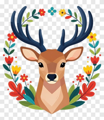 Cartoon Deer Surrounded By Colorful Flowers PNG