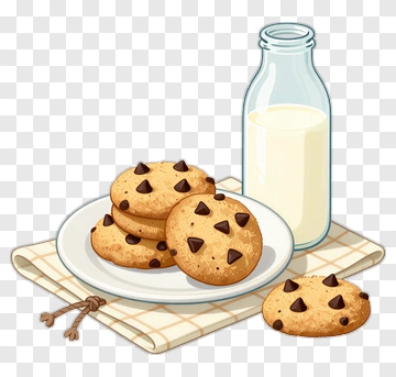 Plate Of Chocolate Chip Cookies With Milk PNG