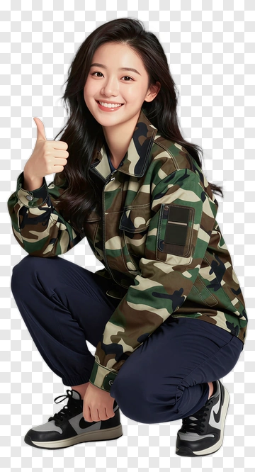 Smiling Woman In Camouflage Jacket Giving A Thumbs Up PNG