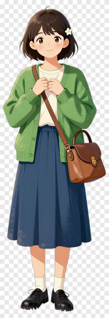 Anime Girl Wearing A Green Cardigan And Holding A Brown Bag PNG