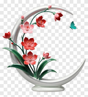 Floral Arrangement With Butterfly On Crescent Moon PNG