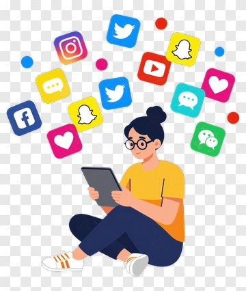 Woman Using Tablet Surrounded By Social Media Icons PNG