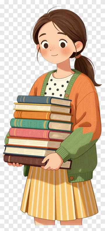 Cartoon Girl Holding A Stack Of Books PNG