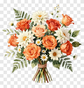 Flower Bouquet With Orange Roses And White Daisies PNG