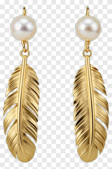 Gold Feather Earrings With Pearl PNG