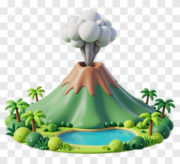 3D Volcano Erupting With Palm Trees And Water Body PNG