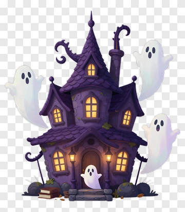 Cartoon Haunted House With Ghosts PNG