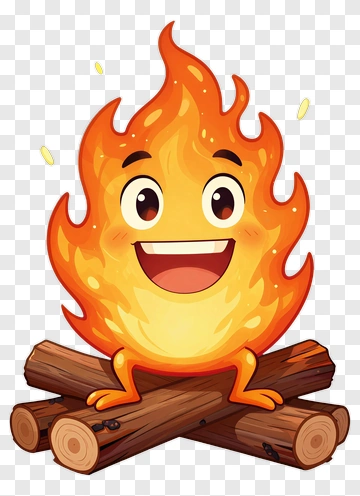 Cartoon Flame Character Sitting On Logs PNG