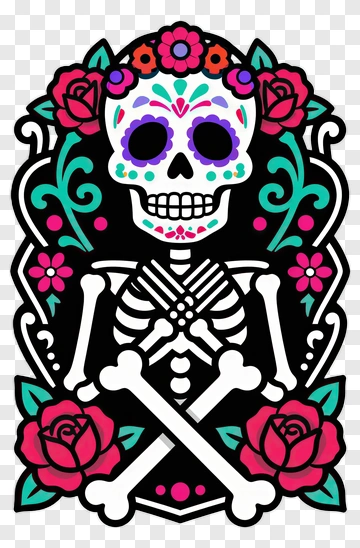 Colorful Sugar Skull With Roses PNG