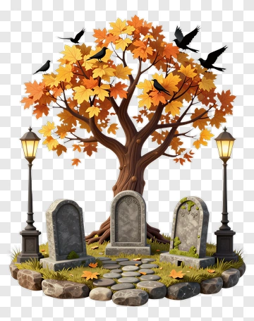 Autumn Tree With Gravestones And Crows PNG