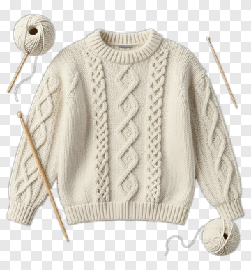 Cream Cable Knit Sweater With Yarn And Needles PNG