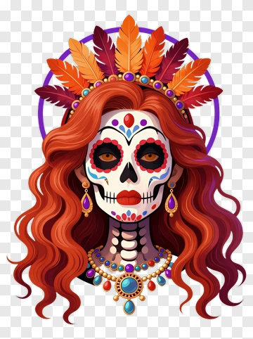 Colorful Sugar Skull Woman With Feathered Headpiece PNG