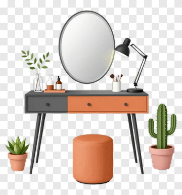 Modern Makeup Vanity With Mirror And Plants PNG