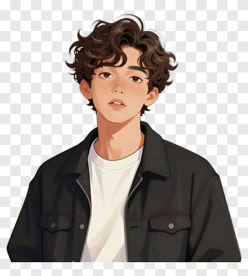 Young Man With Curly Hair In A Black Jacket PNG