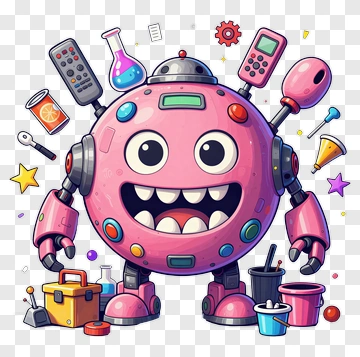 Cartoon Robot Character With Various Objects PNG