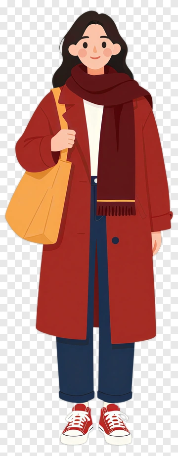 Woman In A Red Coat With A Yellow Bag PNG
