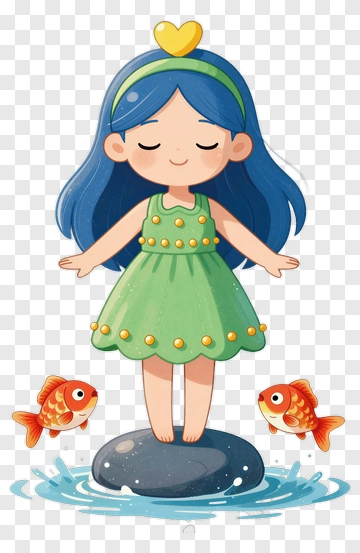 Cartoon Girl Standing On A Rock With Goldfish PNG
