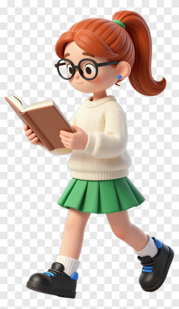 3D Girl Walking While Reading A Book PNG