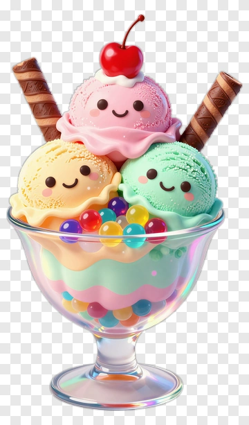 Cute Ice Cream Sundae With Smiling Scoops PNG