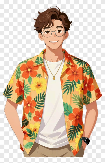 Cartoon Young Man In Floral Shirt PNG