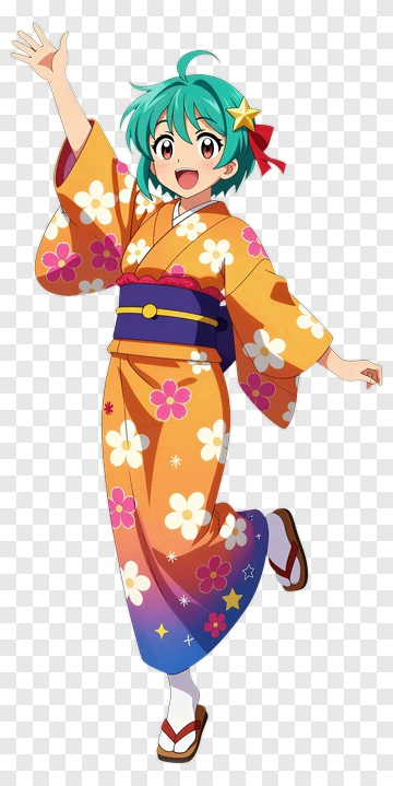 Girl In Colorful Kimono With Flowers PNG