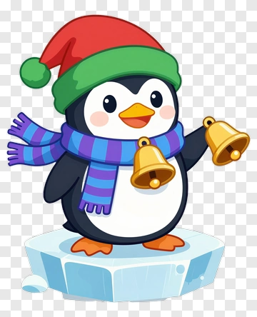 Cartoon Penguin Wearing A Santa Hat And Holding Bells PNG