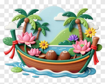Colorful Boat Surrounded By Palm Trees And Flowers PNG