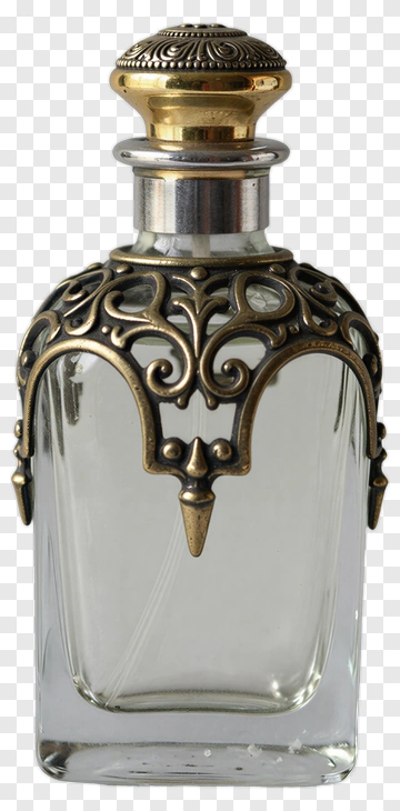 Vintage Perfume Bottle With Ornate Cap PNG