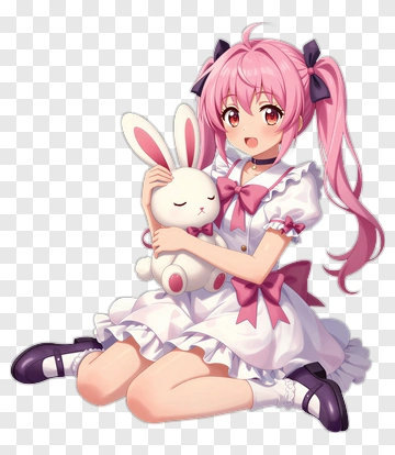 Anime Girl Holding A White Bunny Plush Toy PNG