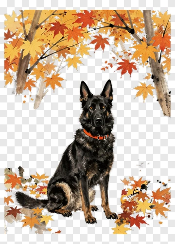 German Shepherd Sitting Amidst Autumn Leaves PNG