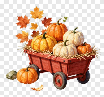 Pumpkin Cart With Autumn Leaves PNG