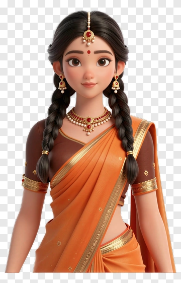 3D Woman In Traditional Orange Saree PNG