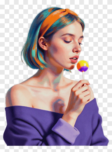 Young Woman Holding A Colorful Lollipop PNG