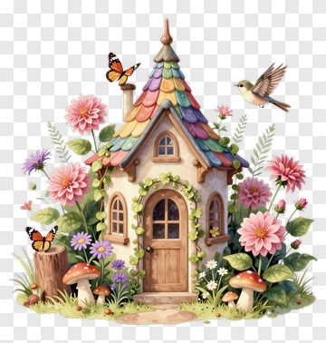 Whimsical Cottage Surrounded By Flowers And Butterflies PNG