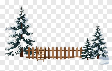 Snowy Winter Scene With Pine Trees And Wooden Fence PNG