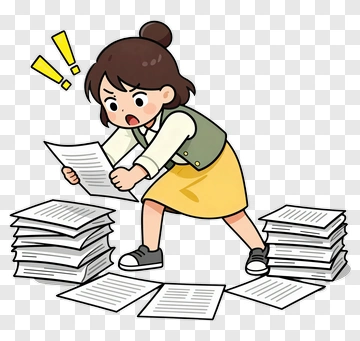 Cartoon Woman Looking At Papers In A Messy Workspace PNG