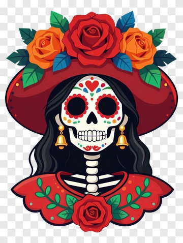 Colorful Skeleton Woman With Roses PNG