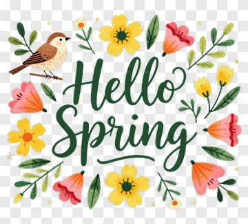Hello Spring With Colorful Flowers And A Bird PNG