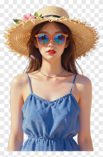 Woman In A Blue Dress Wearing Sunglasses And A Straw Hat PNG