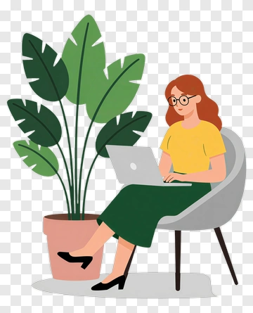 Woman Working On Laptop Next To A Potted Plant PNG