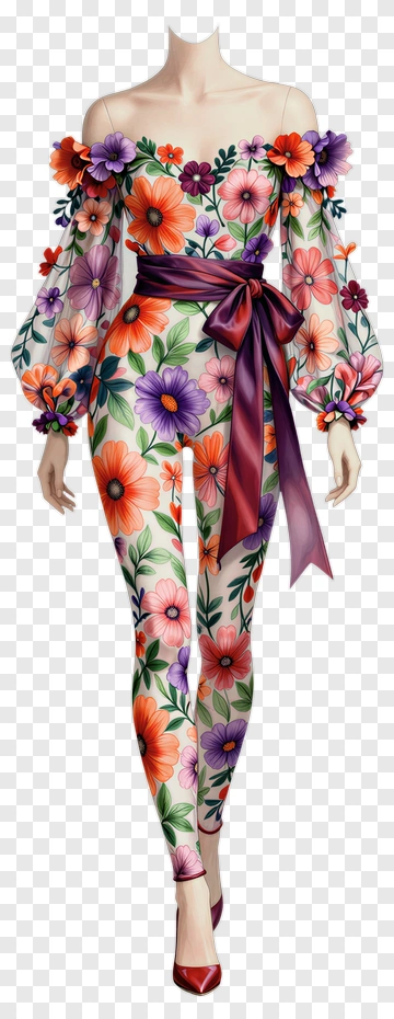 Floral Fashion Design With Off-Shoulder Style PNG