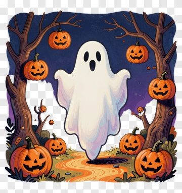 Cartoon Ghost Surrounded By Halloween Pumpkins PNG