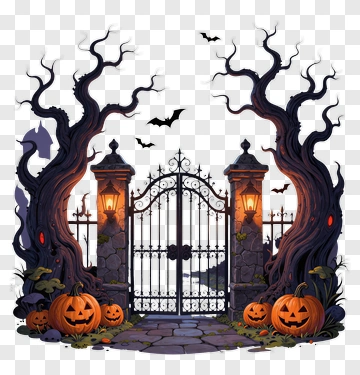 Halloween Gate With Pumpkins And Creepy Trees PNG