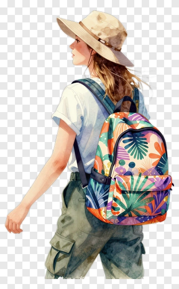 Woman With Colorful Backpack And Hat PNG