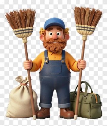 3D Character Holding Brooms And Bag PNG