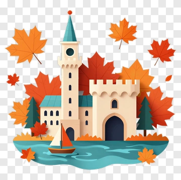 Colorful Castle By The Water With Autumn Leaves PNG